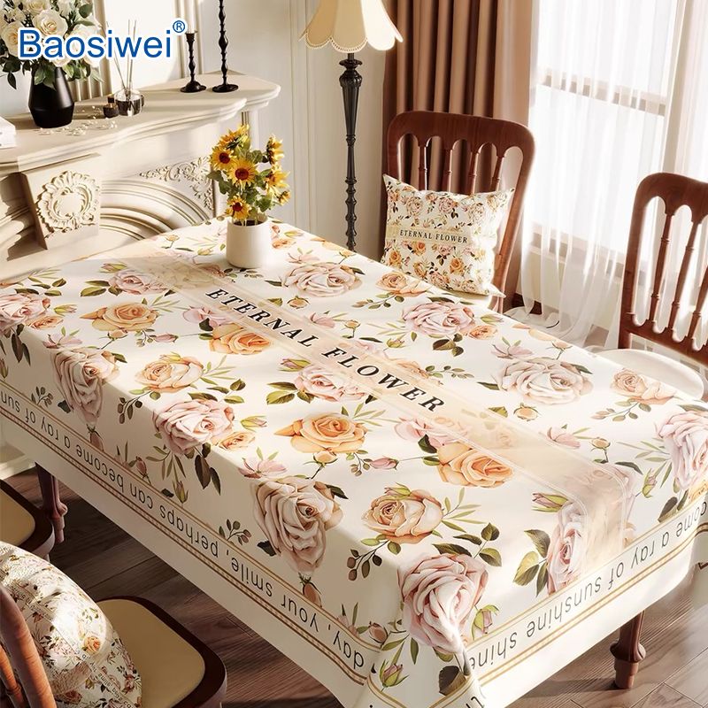 Elegant rose-printed tablecloth created by Baosiwei sublimation printer, demonstrating fine detail and full-width coverage.