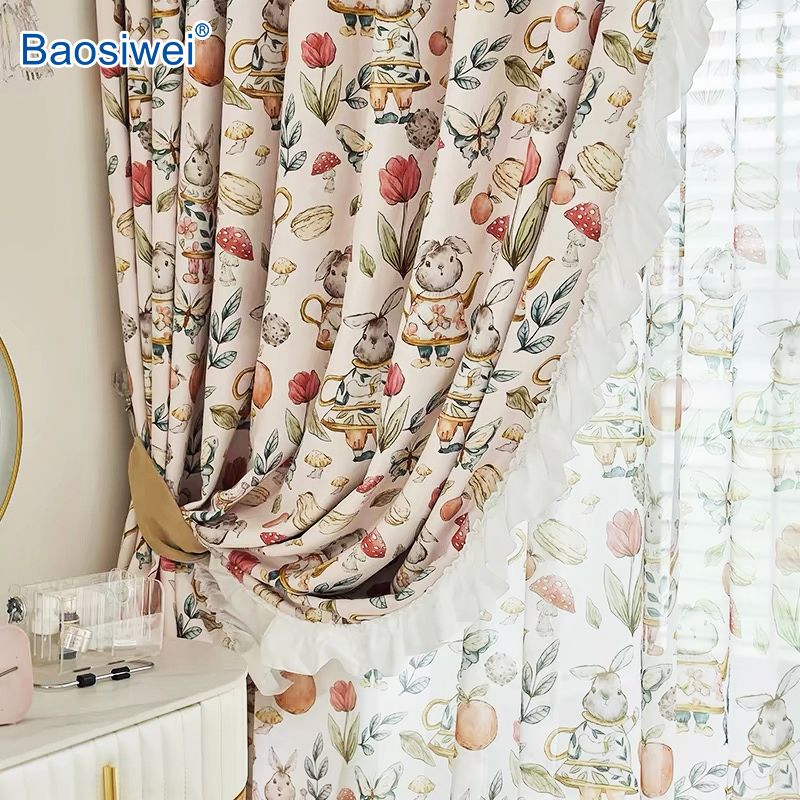 Custom printed blackout curtains with cartoon patterns, showing sharp outlines and excellent color saturation printed by Baosiwei dye sublimation printer