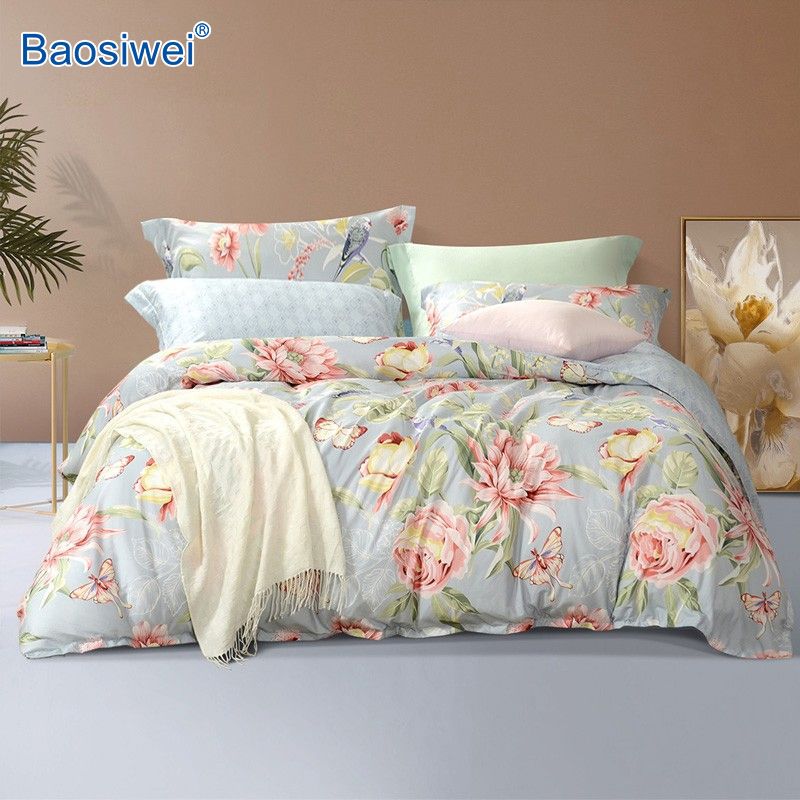 Bedding set produced by dye sublimation printing, featuring soft colors and richly detailed designs