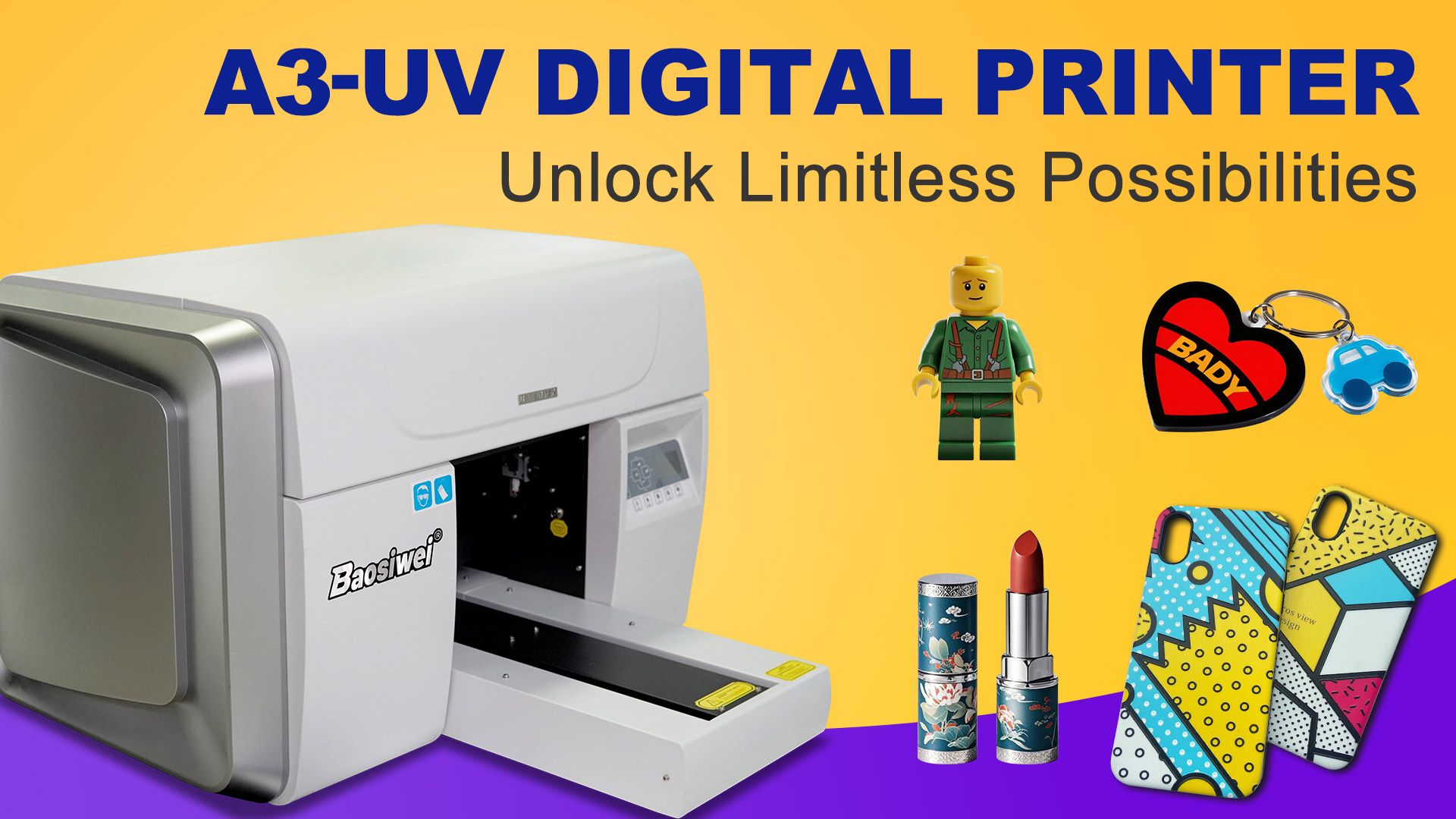 Baosiwei A3 UV flatbed printer video cover image showcasing the printer and various printed items such as keychains, toys, and lipstick