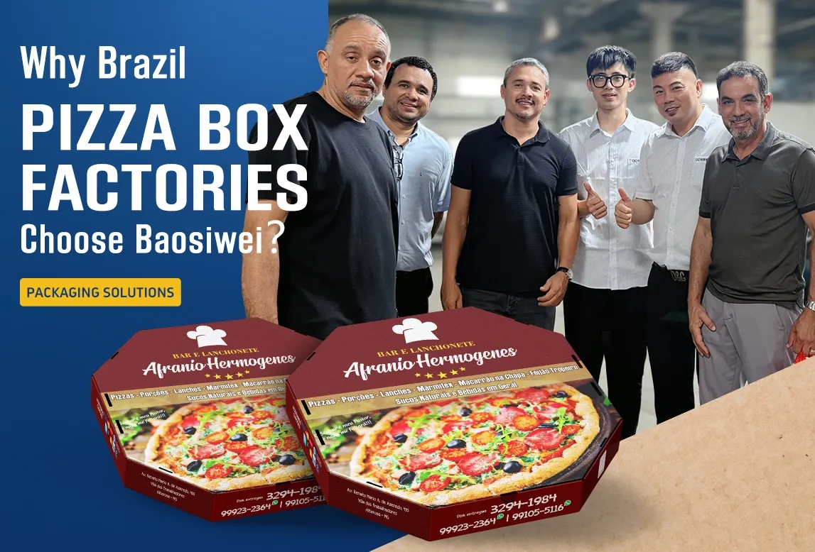 Article cover graphic: "Why Brazil Pizza Box Factories Choose Baosiwei?" - Featuring the Brazilian customer team and printed pizza box samples, Baosiwei packaging printing solutions case study.