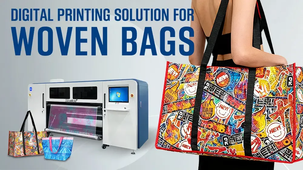 Baosiwei digital printer showcasing woven bag printing solution with vivid color samples for packaging and customization
