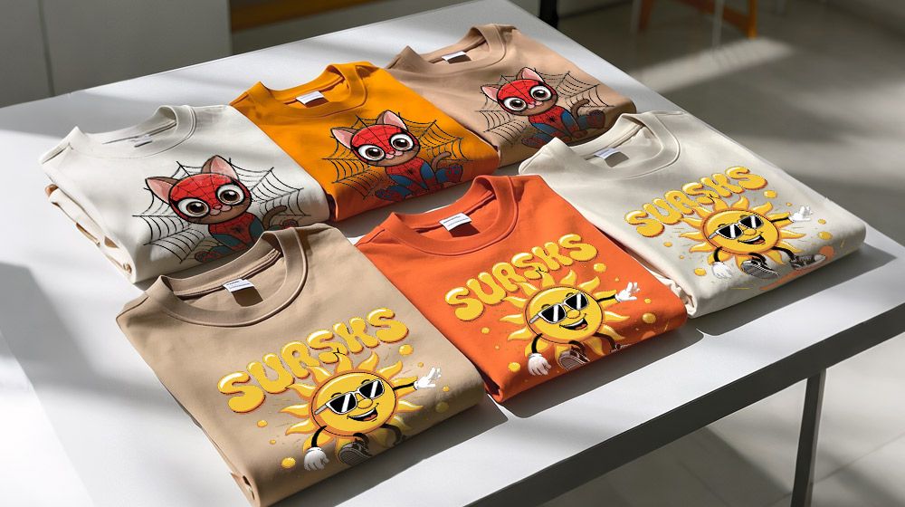 Garments printed with Baosiwei T604 DTF printer, delivering vibrant colors, sharp details, and outstanding wash and abrasion resistance