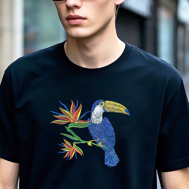 Brightly colored 3D UV embroidery-style design printed on a black T-shirt, perfect for personalized garment customization.