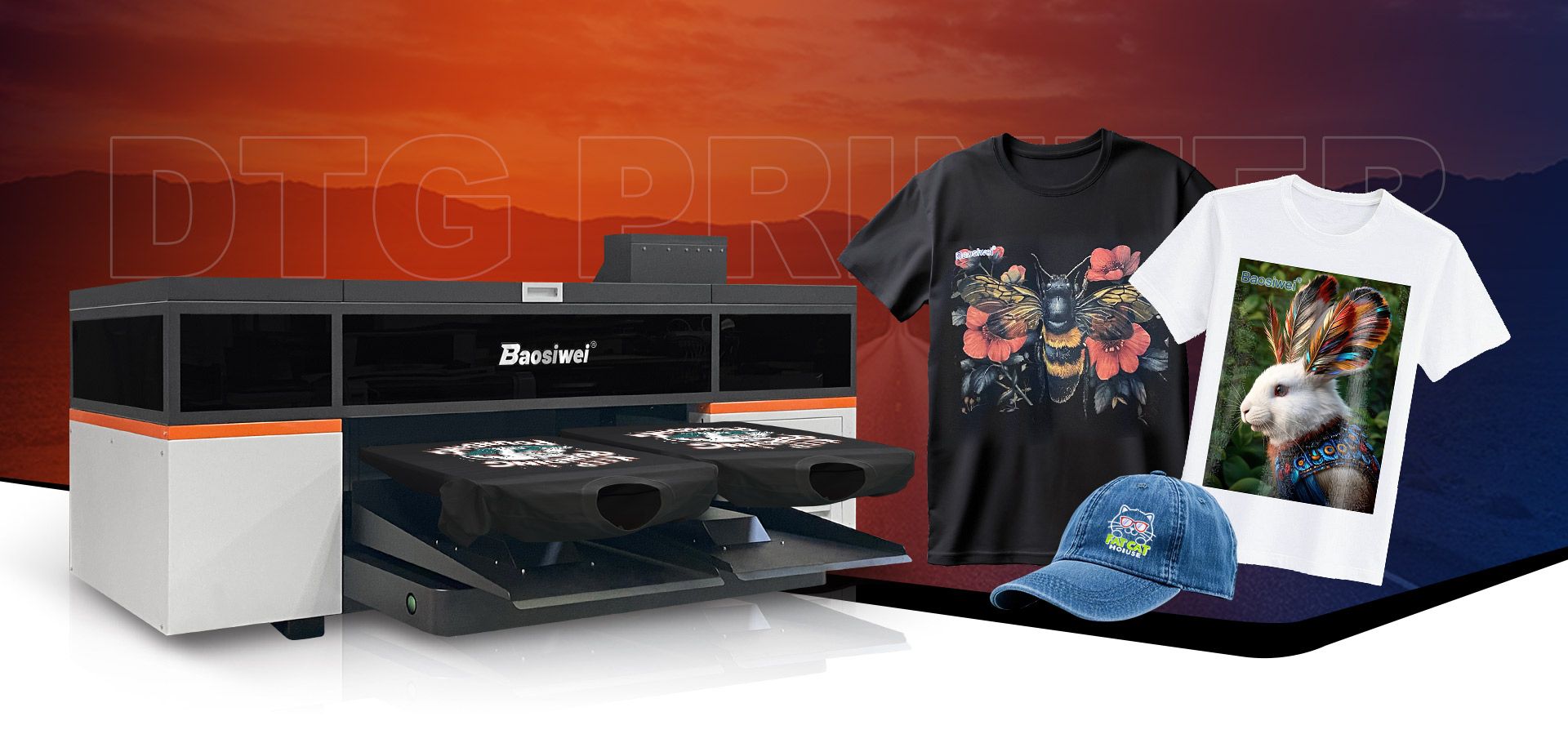 Baosiwei Double Work Station DTG Printer for dark-colored cotton fabrics with vibrant color output and detailed gradients, ideal for complex patterns and photo printing.
