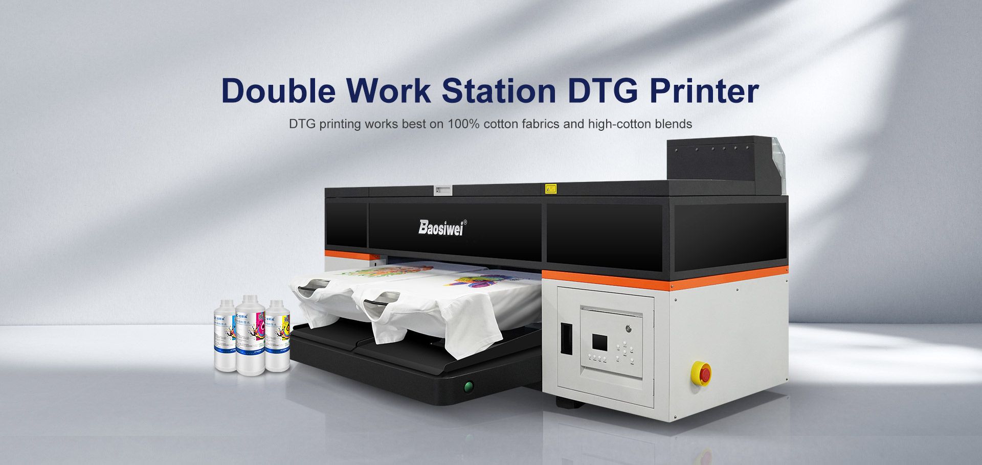 Baosiwei Double Work Station DTG Printer for dark-colored cotton fabrics with vibrant color output and detailed gradients, ideal for complex patterns and photo printing.