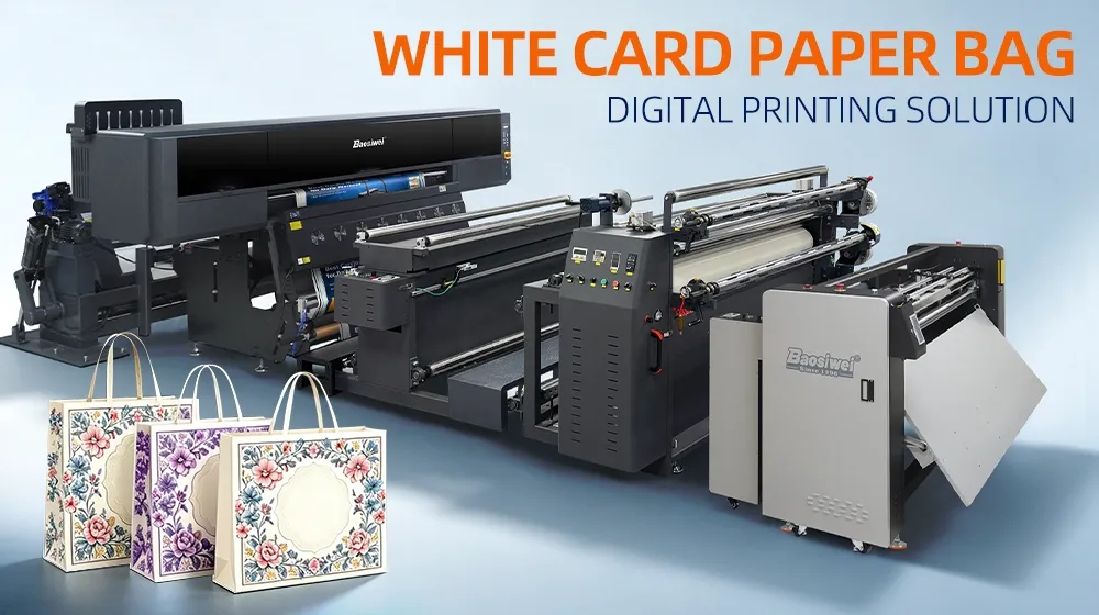 Baosiwei white paper bag digital printing solution — complete production line equipment and three finished floral pattern shopping bags showcasing short-run packaging capability