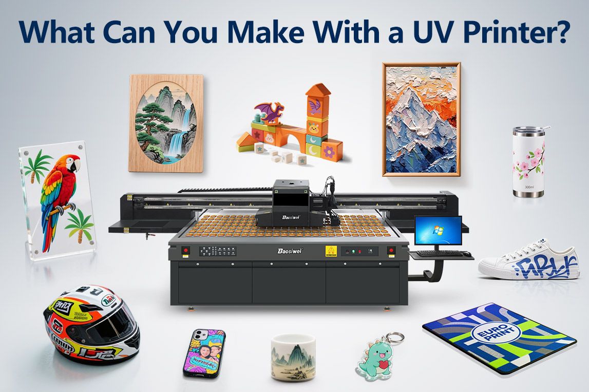 Baosiwei JW-2513UV flatbed printer applications, showing digital printing on various materials including metal nameplates, ceramic mugs, decorative paintings, motorcycle helmets, phone cases, keychains, and acrylic display boards, ideal for advertising, decoration, and customized gift industries.