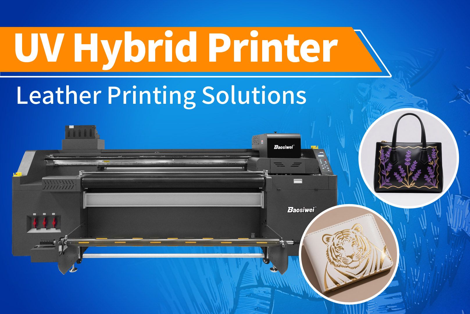 Baosiwei UV Hybrid Printer thumbnail showcasing leather printing solutions for bags and custom patterns on synthetic leather