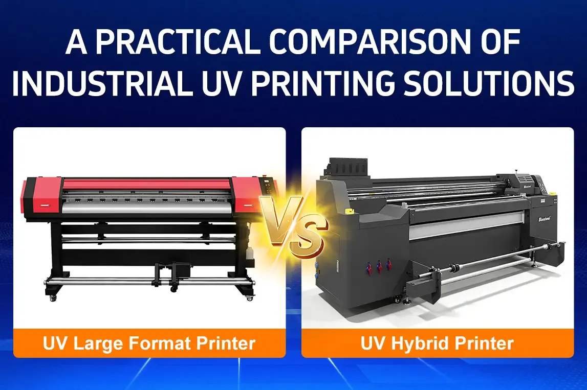 Trình bày máy in ảnh UV màu đỏ và máy in lưng lưới UV, theo dạng so sánh để làm rõ sự khác biệt giữa hai máy in số dùng cho ứng dụng in UV công nghiệp.