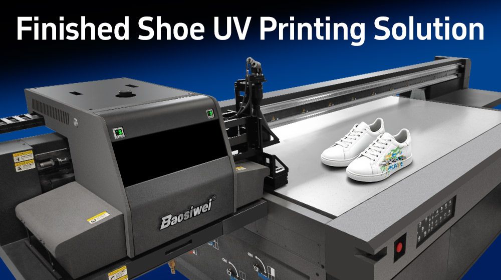 Baosiwei UV flatbed printer demonstrating finished shoe digital printing solution, printing colorful designs on white sneakers
