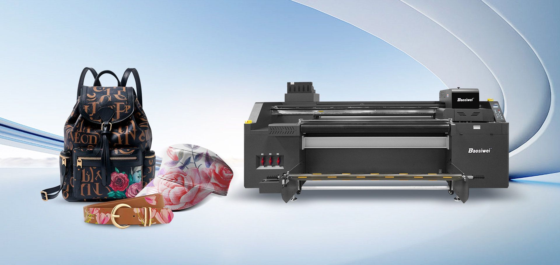 Baosiwei high-speed leather roll-to-roll digital printer for efficient and high-quality leather printing, ideal for bags, belts, and hats.