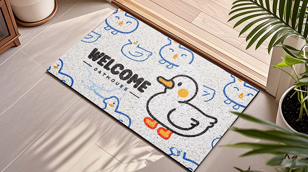 UV printing effect on loop-pile doormat using Baosiwei JW-1908UV hybrid printer, featuring vibrant colors and sharp graphics—ideal for home entry mats.