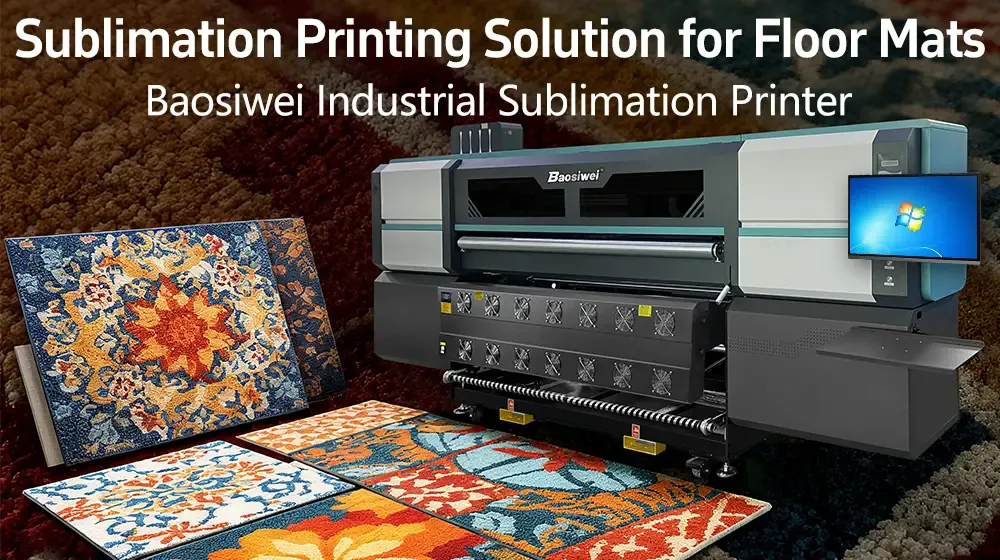 Baosiwei industrial sublimation printer printing colorful floor mats with vivid floral patterns, showing high-definition details and durable color performance.
