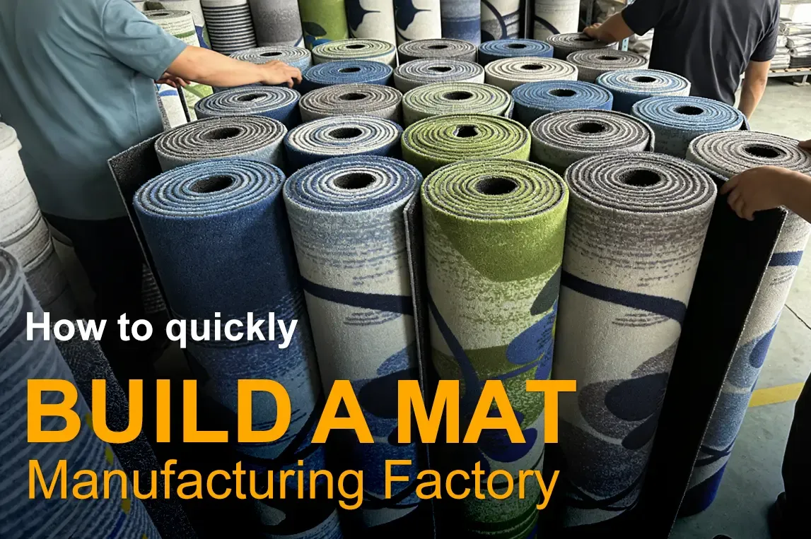 Stacked rolls of patterned floor mats in a mat manufacturing factory, with workers organizing the products