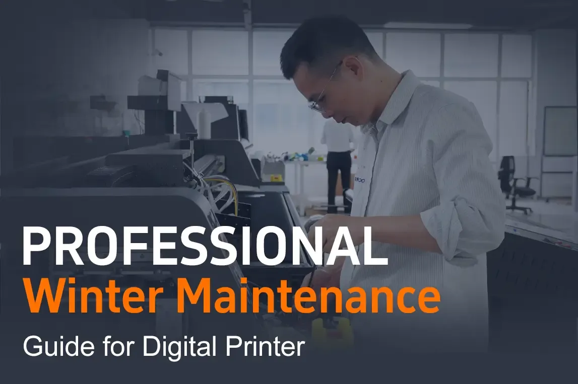 Baosiwei technician performing digital printer maintenance, illustrating key winter protection practices such as temperature control, ink management, and printhead care