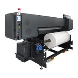 Rear view of Baosiwei 1.9m poster printer showing dual-roll system and automatic take-up system for continuous production.