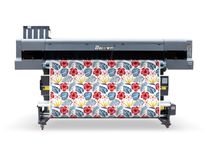 Front view of Baosiwei 4-Head High-Speed Dye Sublimation Printer, equipped with dual feeding and take-up system for wide-format textile printing.
