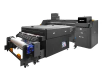 Front view of Baosiwei JW-1916 ECO hybrid printer, equipped with 16 Epson i3200 printheads, using eco solvent printing technology for high-speed tablecloth production.
