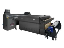 Side view of Baosiwei JW-1916 ECO industrial hybrid printer, designed for large-format eco solvent digital printing on flexible tablecloth materials.