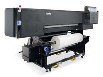Rear view of Baosiwei 1.9m poster printer showing dual-roll system and automatic take-up system for continuous production.