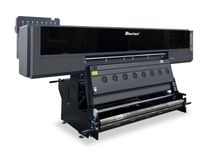 Angled side view of Baosiwei 1.8m Eco Solvent Large Format Printer with 16 printheads, showcasing its roll-to-roll structure and industrial design.