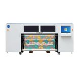 Front view of Baosiwei 16-head PET film eco-solvent roll-to-roll printer, printing colorful tablecloth patterns