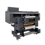 Side view of the printer showing compact industrial construction for label production