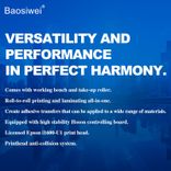 Key features of the Baosiwei 30cm Crystal Label UV DTF Printer: XP600 printhead, anti-collision system, roll-to-roll printing and laminating, and wide material compatibility.
